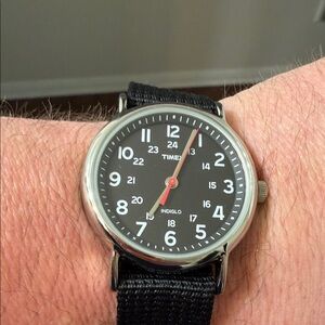 Timex Black Dial Watch with Red Second Hand
